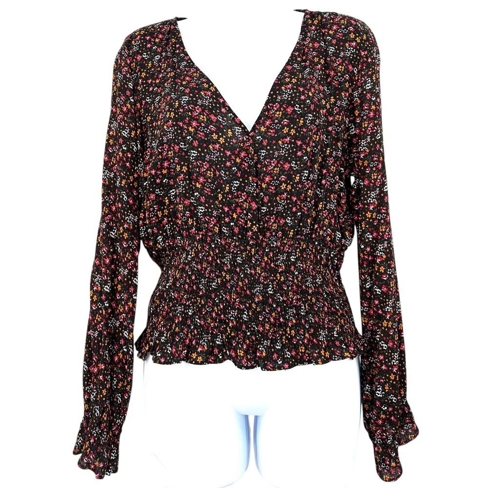 PAPER CRANE Black Ditsy Floral V-Neck Ruched Waist Blouse Women's Medium
